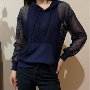 JONES NEW YORK FISHNET HOODIE TOP SWIM COVER UP MESH Medium